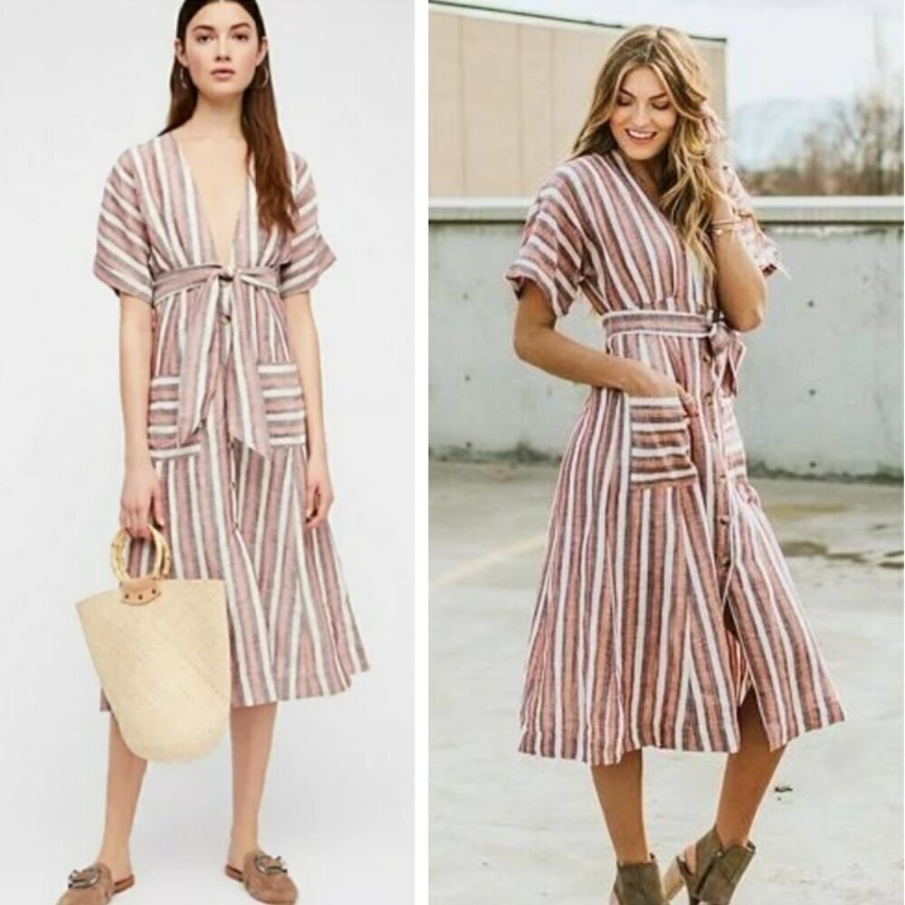 Free People Striped Tie-Waist Midi Dress in Blush, White and Taupe